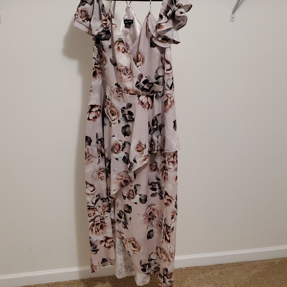 City Chic Floral Asymmetrical Dress in Rose Pink And Green